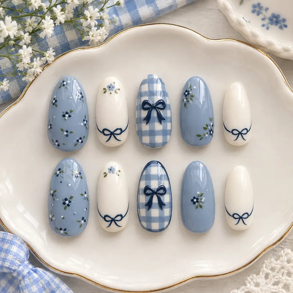 Blue Gingham Nail Set