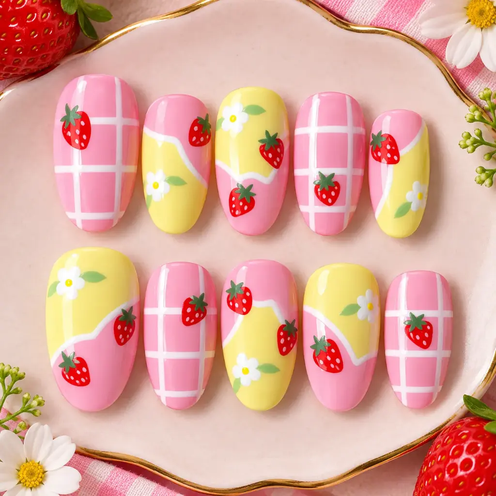 Strawberry Daisy Gingham Nail Set