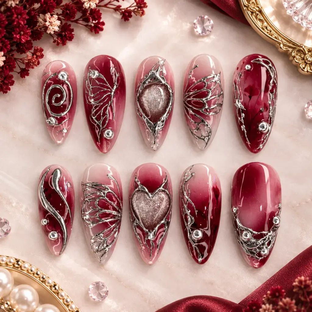 Luxury Burgundy Filigree Nail Set