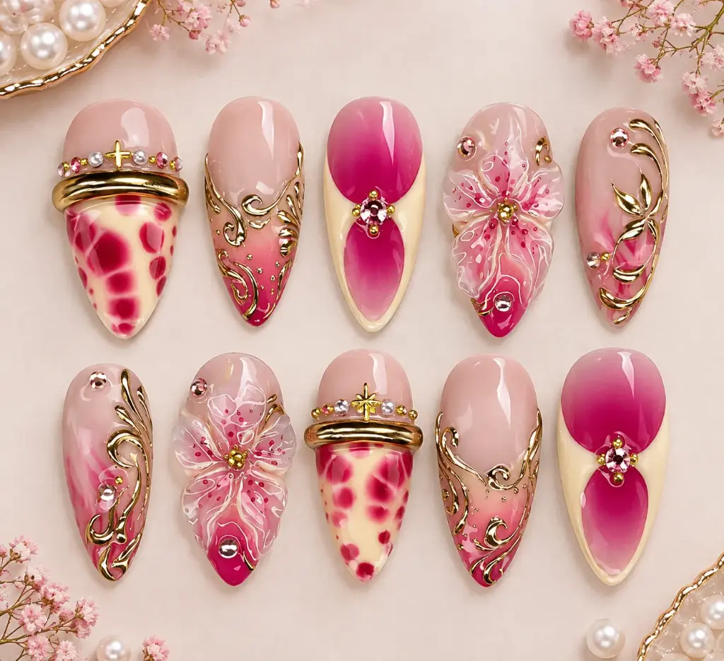 Ornate Pink and Gold Nail