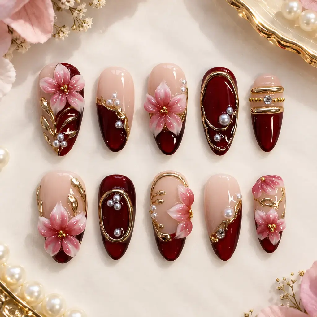 Luxury Burgundy Floral Nail Set