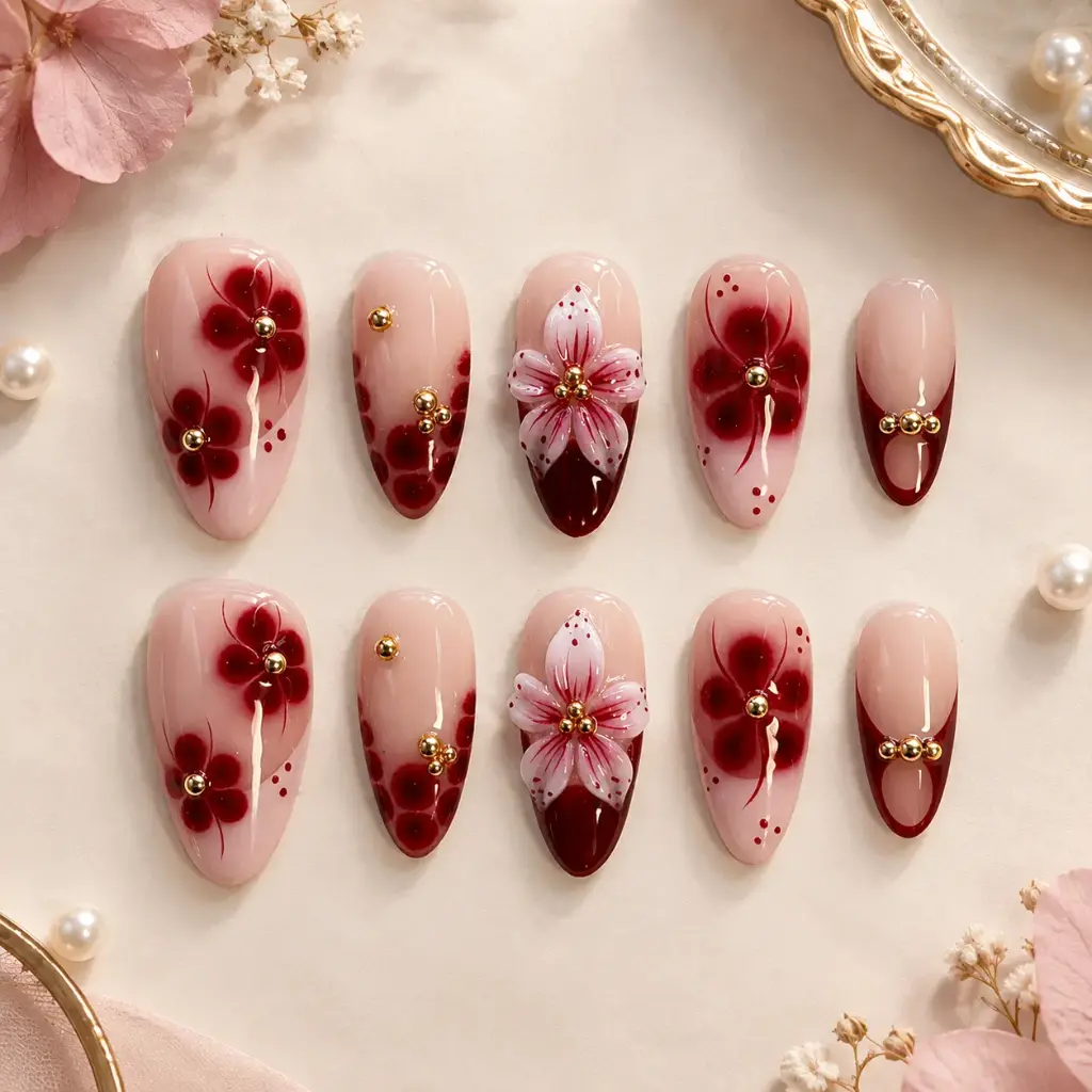 Luxury Burgundy and white Nail Set